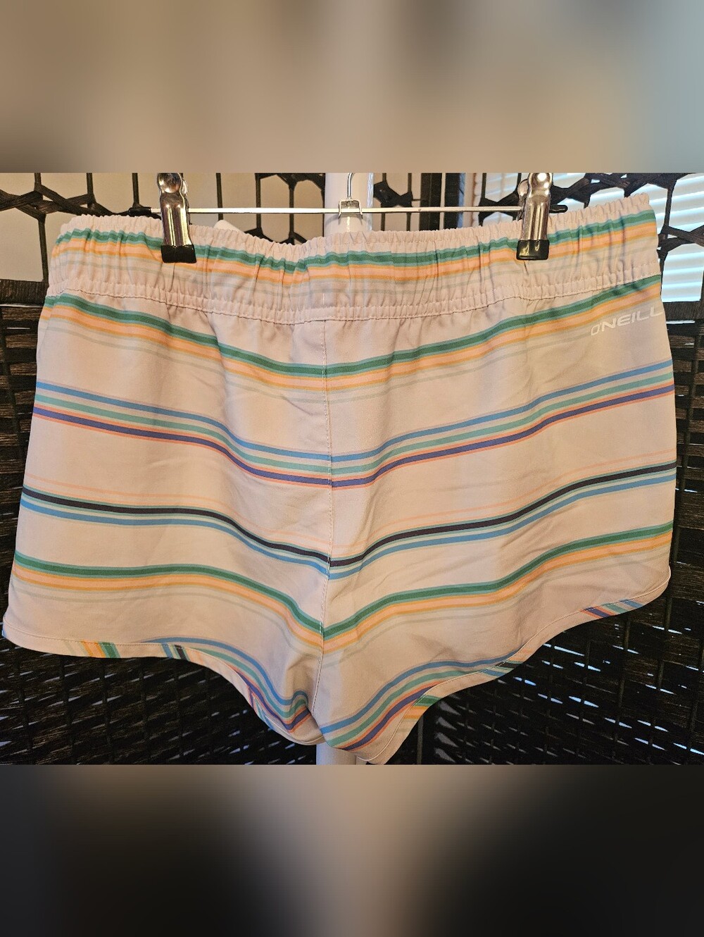 O'Neill Women's Cream Athletic Shorts with Blue, Green & Yellow Stripes - Picture 3 of 3